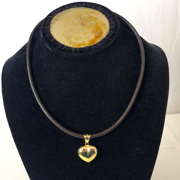 Laura Milor14 carat Gold puffy heart with brown leather necklace.